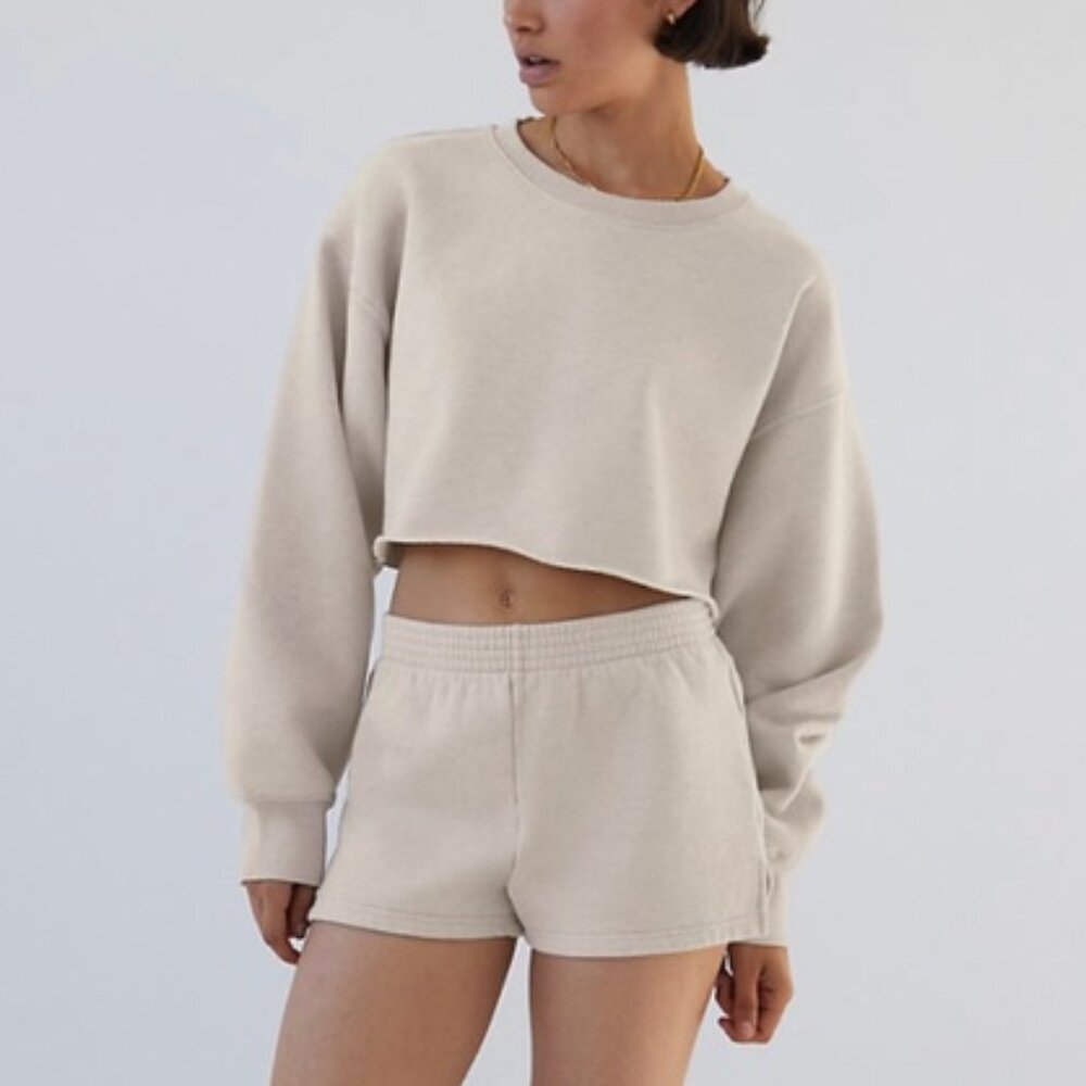 Aritzia Oatmeal Tna Perfect Cozy Fleece Cropped Raw Hem Sweatshirt Size XS